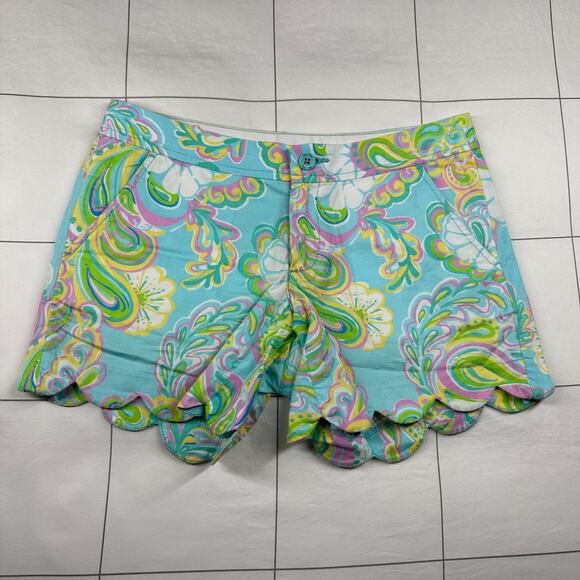 Lilly Pulitzer Shorts Women 0 Blue Green Buttercup Scalloped Hem Preppy Colorful - Picture 1 of 12
